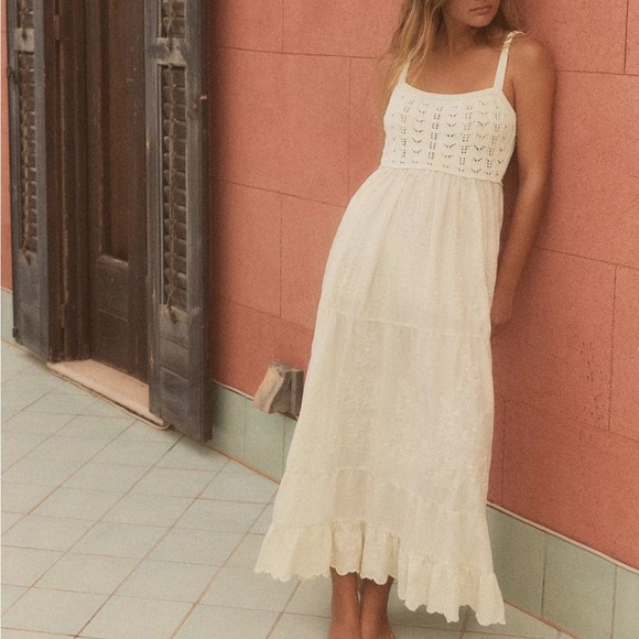 Zara Dresses & Skirts - Zara Contrasting Embroidered Knit Dress Cotton Blend Tie Back NWT L Cottagecore